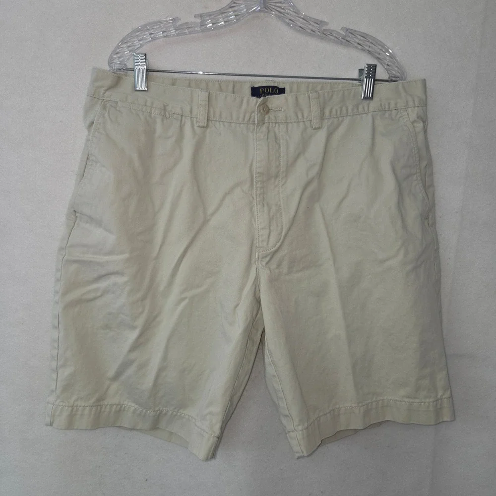 Polo Ralph Lauren Chino Shorts Men 38 Khaki Tan Cotton Twill Flat Front 9 Inseam